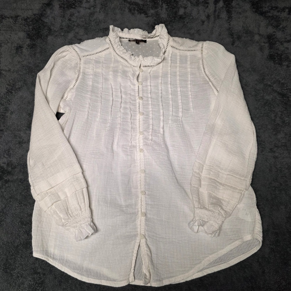 Quince Blouse Womens XS Organic Textured Cotton Peasant Blouse White Cottagecore